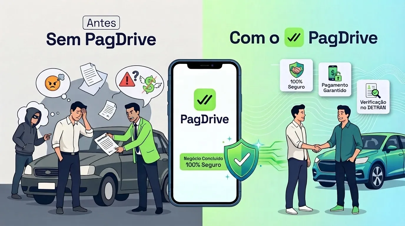 Comparação entre negociar sem o PagDrive, com risco de golpe, e com o PagDrive, em segurança