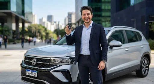 Vendedor segurando a chave ao lado do veículo negociado pelo PagDrive